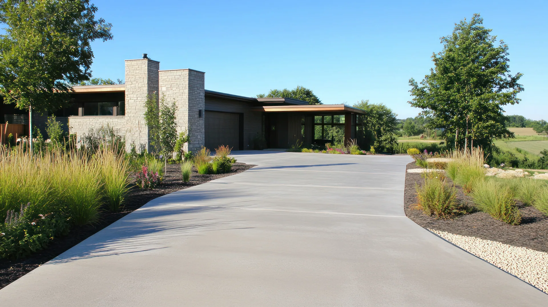 Wide poured concrete driveway leading to a modern stone and wood home with landscaped beds on both sides.