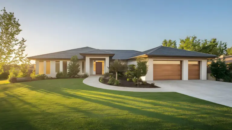 Wide view of a single-story house with a concrete driveway, curved walkway, landscaped beds, and a green lawn at sunset.