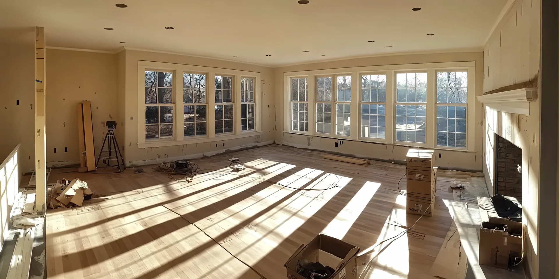 Living room under renovation with rows of double-hung windows, new hardwood flooring, fireplace, and supply boxes on the