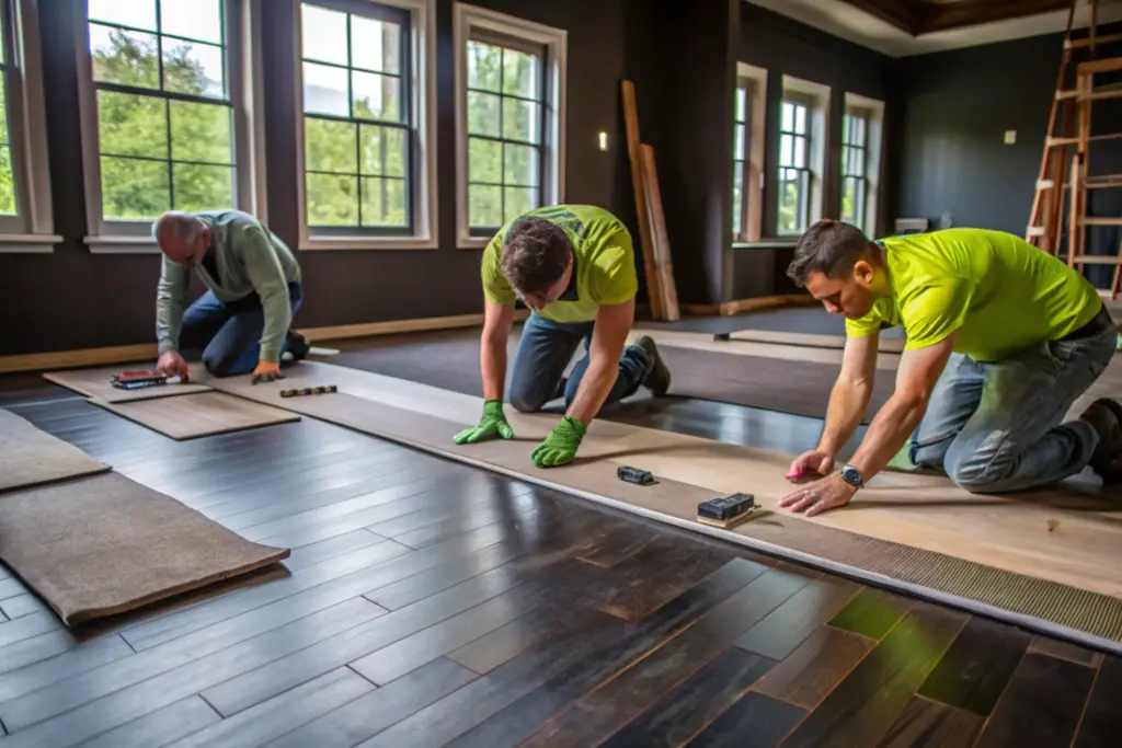 Three workers in green shirts kneel on a dark hardwood floor, installing planks in a large room with tall windows.