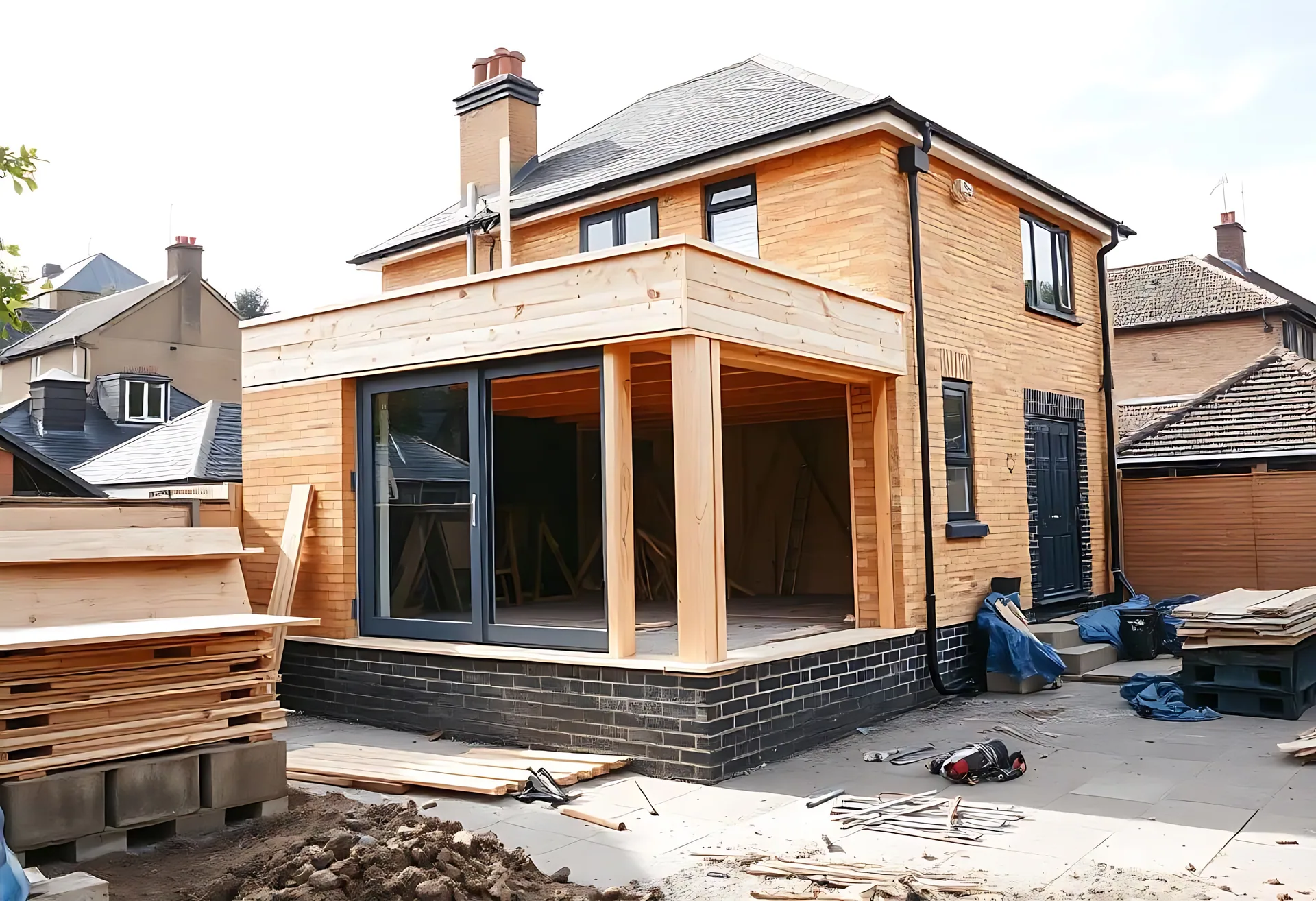 Rear home addition under construction with timber framing, sliding glass doors, and lumber stacked in the yard.