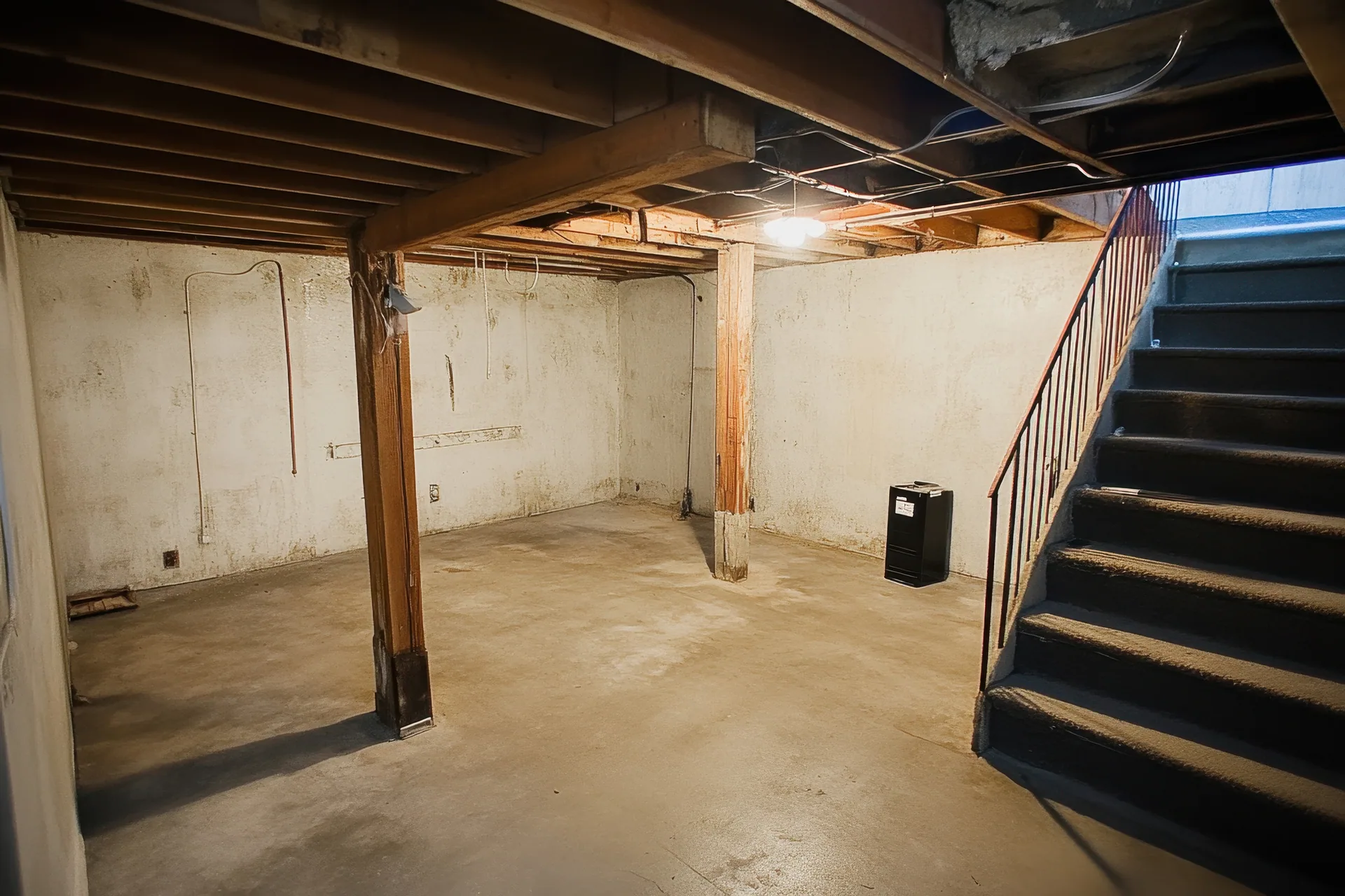 Unfinished basement with exposed wood joists, concrete floor, wooden support posts, and carpeted stairs.