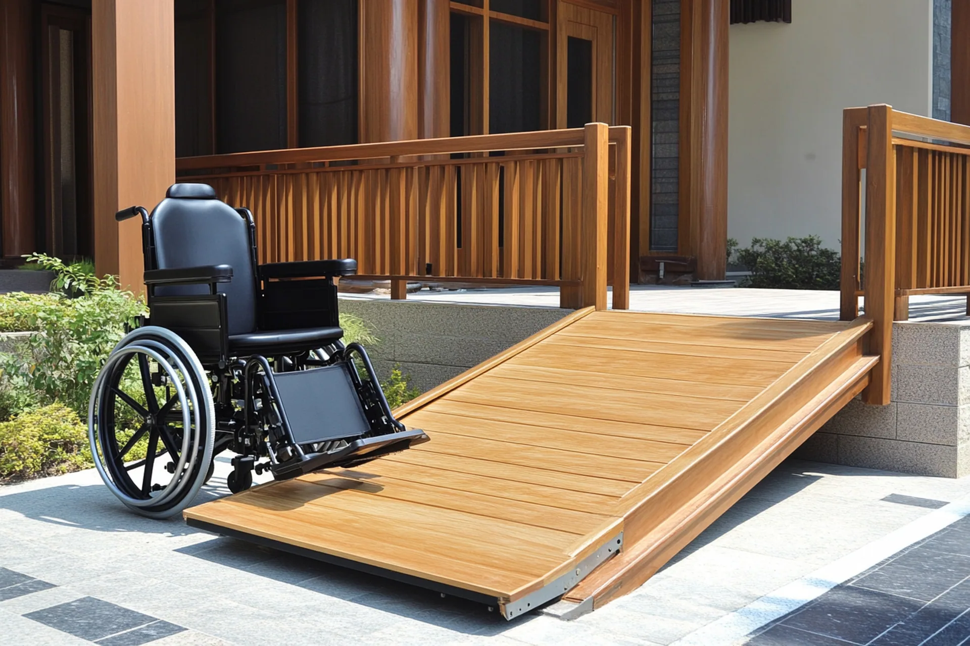 Wooden wheelchair ramp leading from a paved patio to a raised porch, with an empty wheelchair beside it.