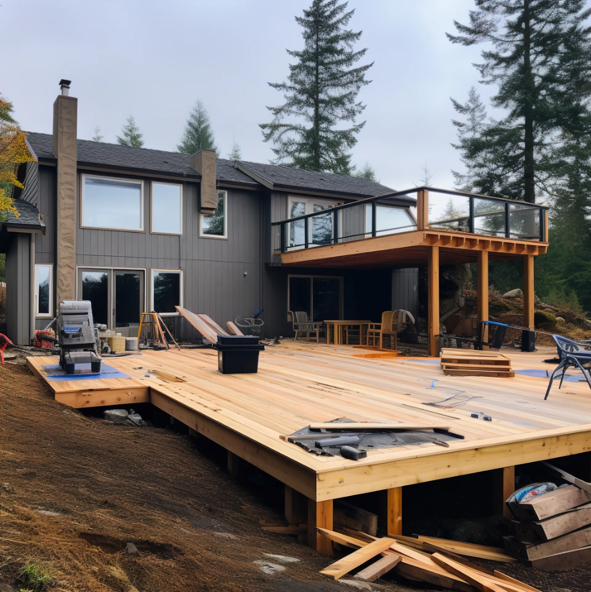 Large wood deck under construction behind a two-story gray house, with tools, lumber, and an upper glass-railed balcony.