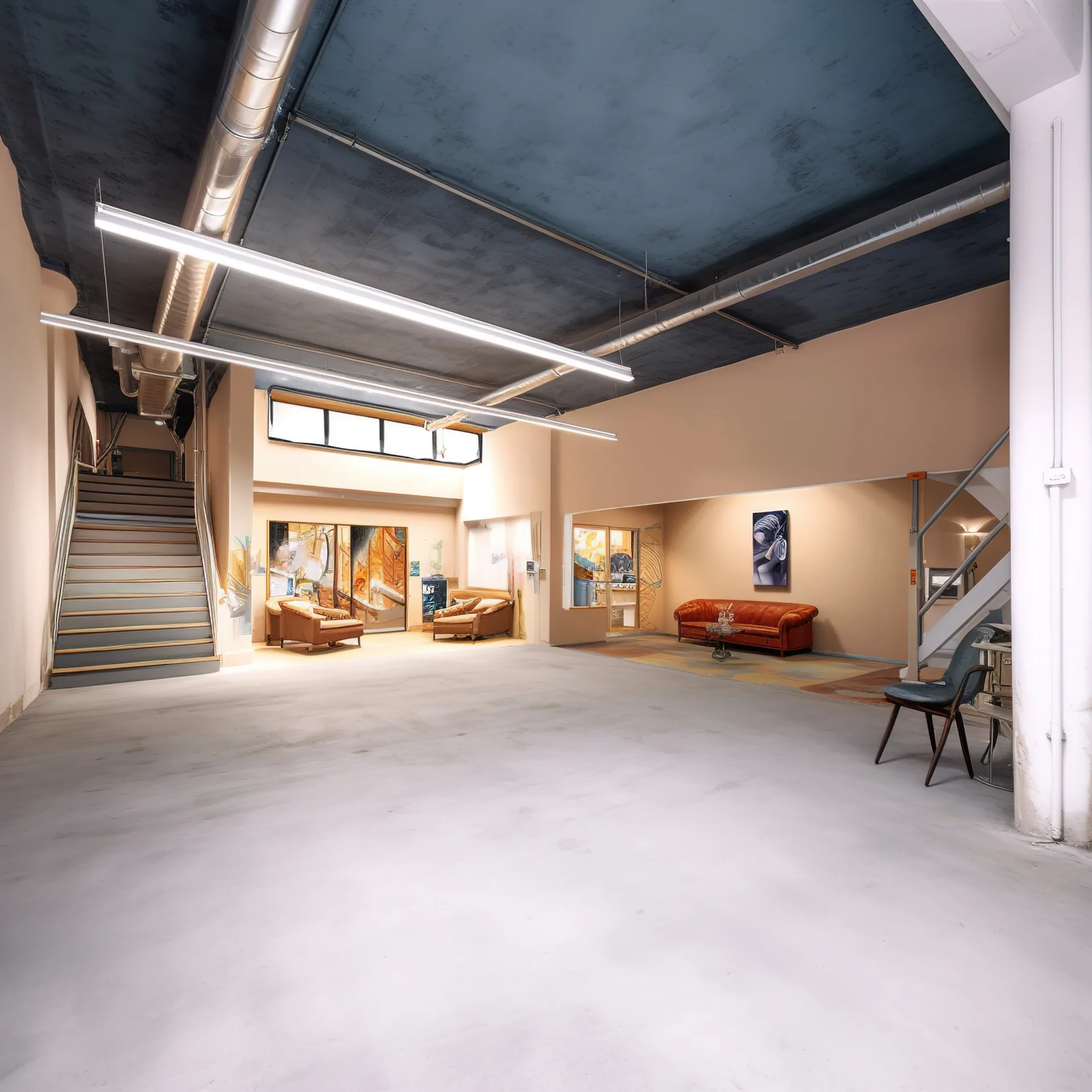 Wide view of a finished basement with polished concrete floor, exposed painted ceiling, two staircases, and lounge seating.