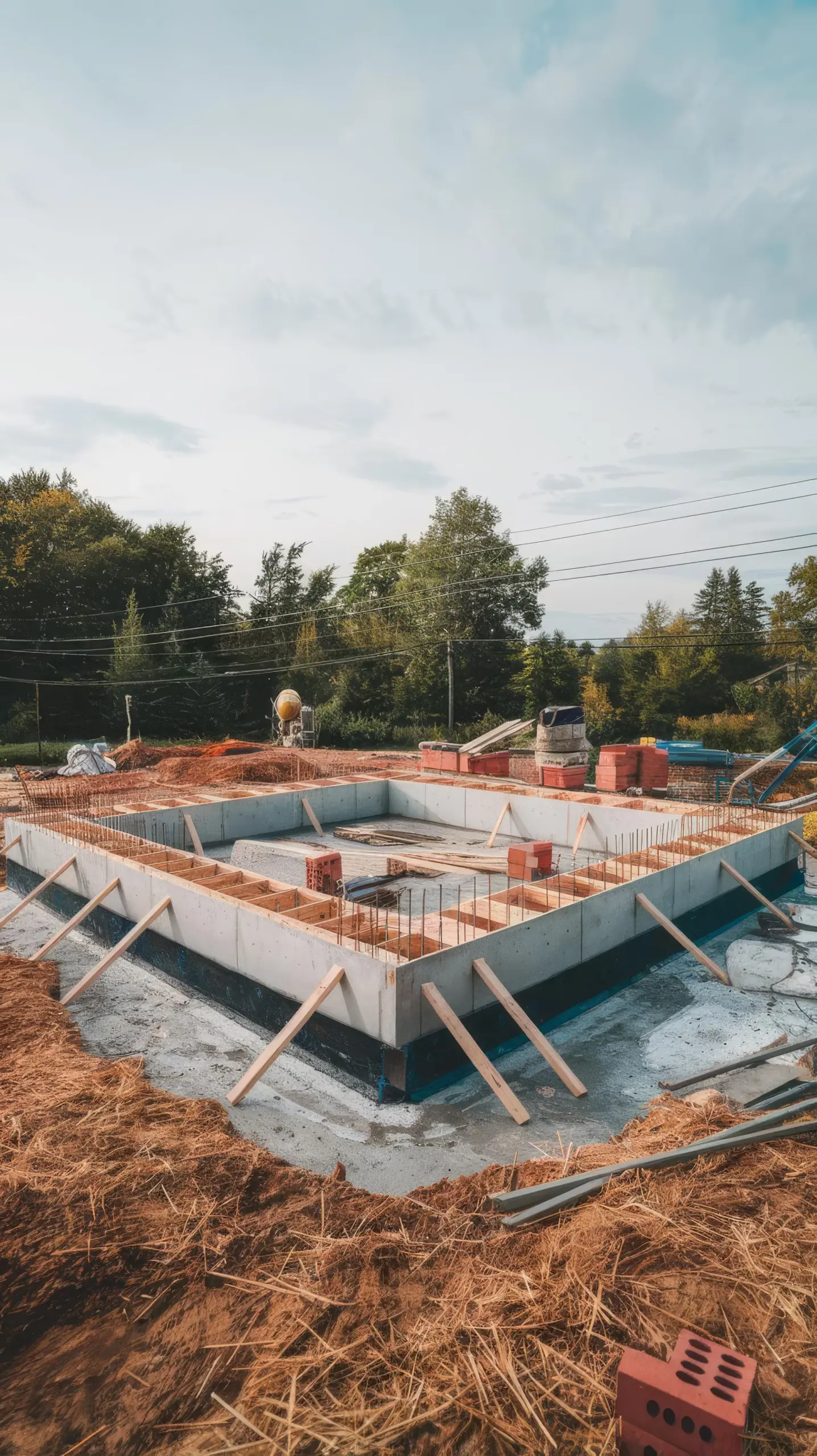 Wide view of poured concrete foundation walls with rebar, wood bracing, and waterproofing at a residential construction site.