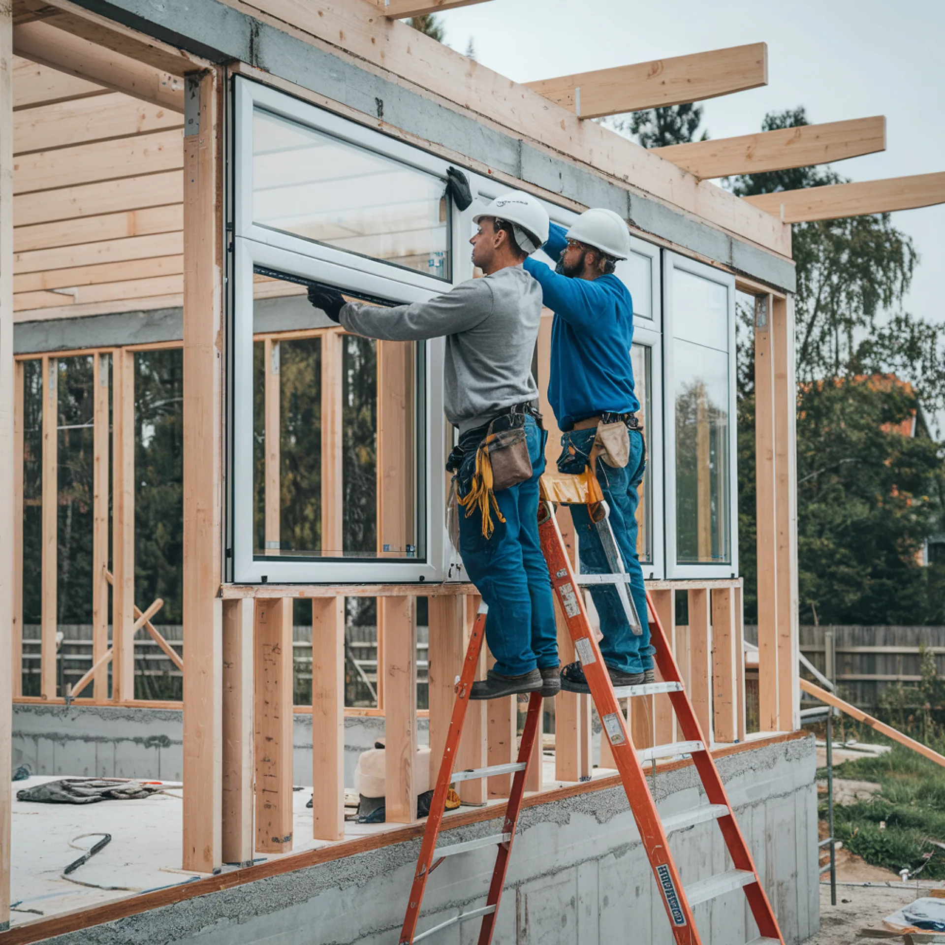 Two workers in hard hats on ladders installing a large window in a wood-framed house under construction