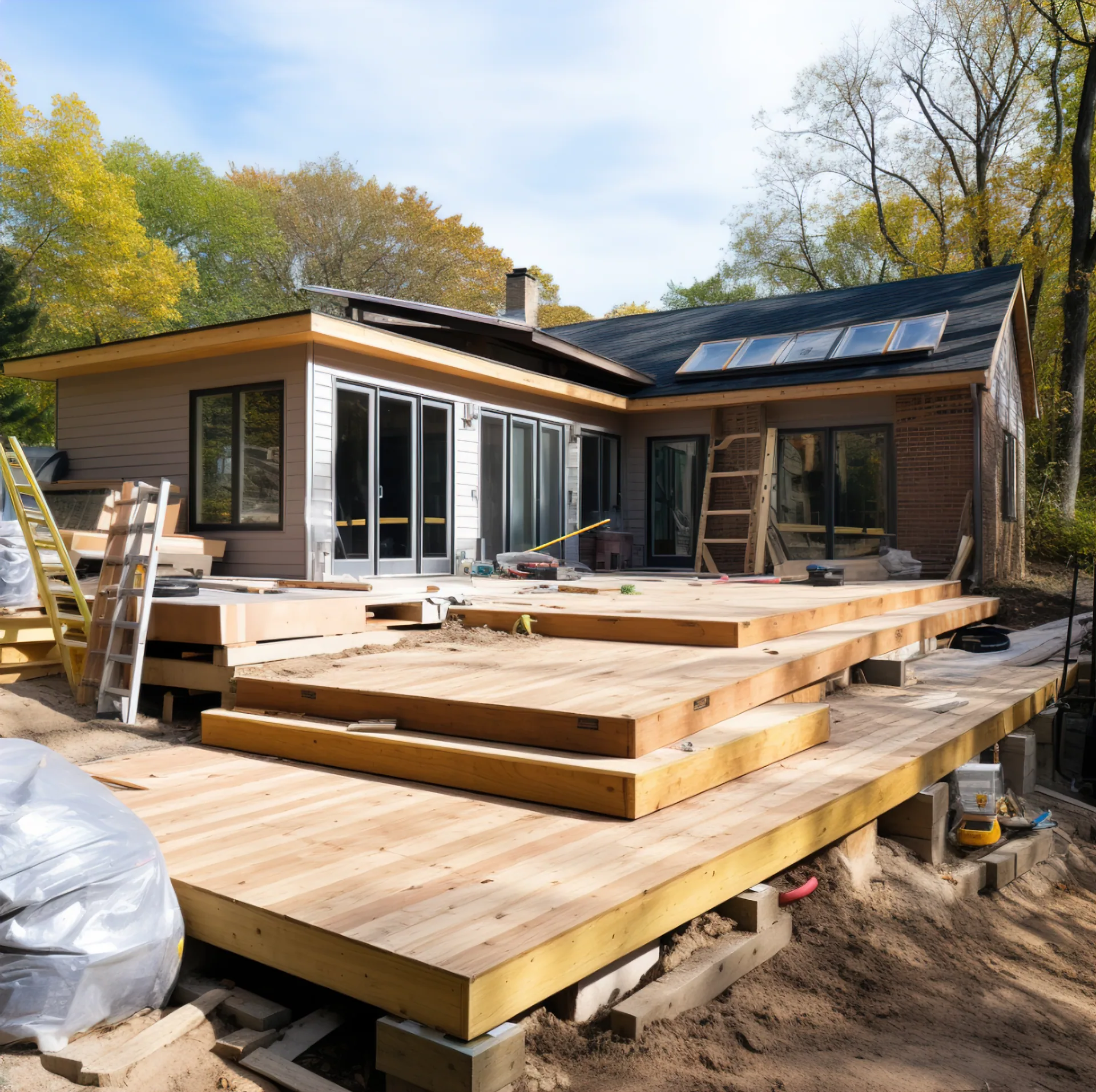 Multi-level wood deck under construction behind a home addition with skylights, ladders, and building materials on site.