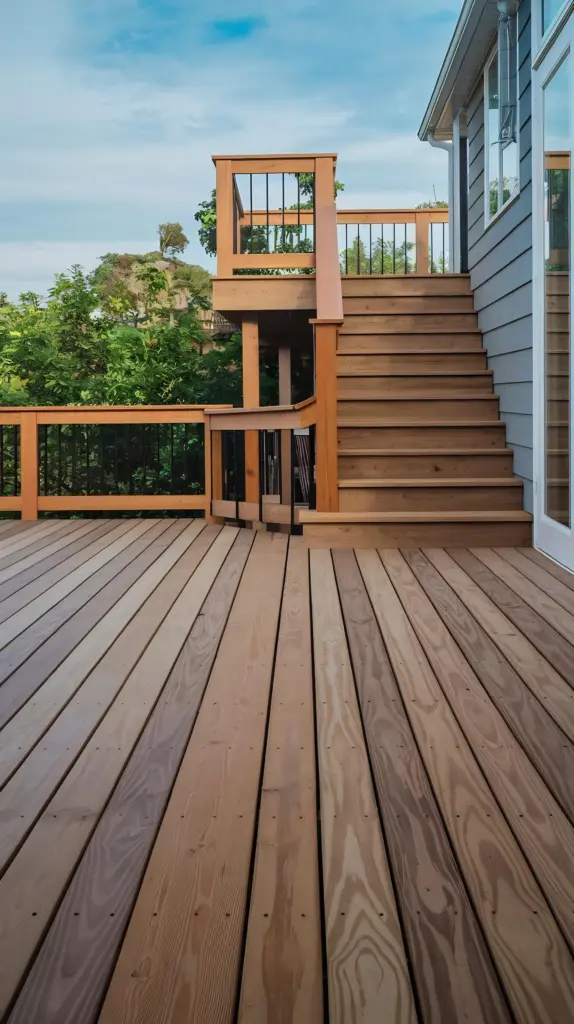 Wide wood deck with staircase, upper landing, and wood railings attached to a house with blue siding