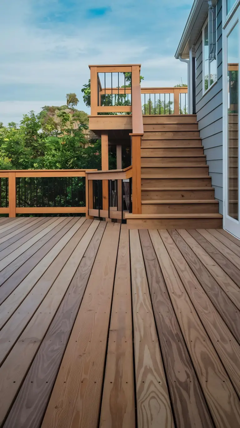 Wide wood deck with staircase, upper landing, and wood railings attached to a house with blue siding