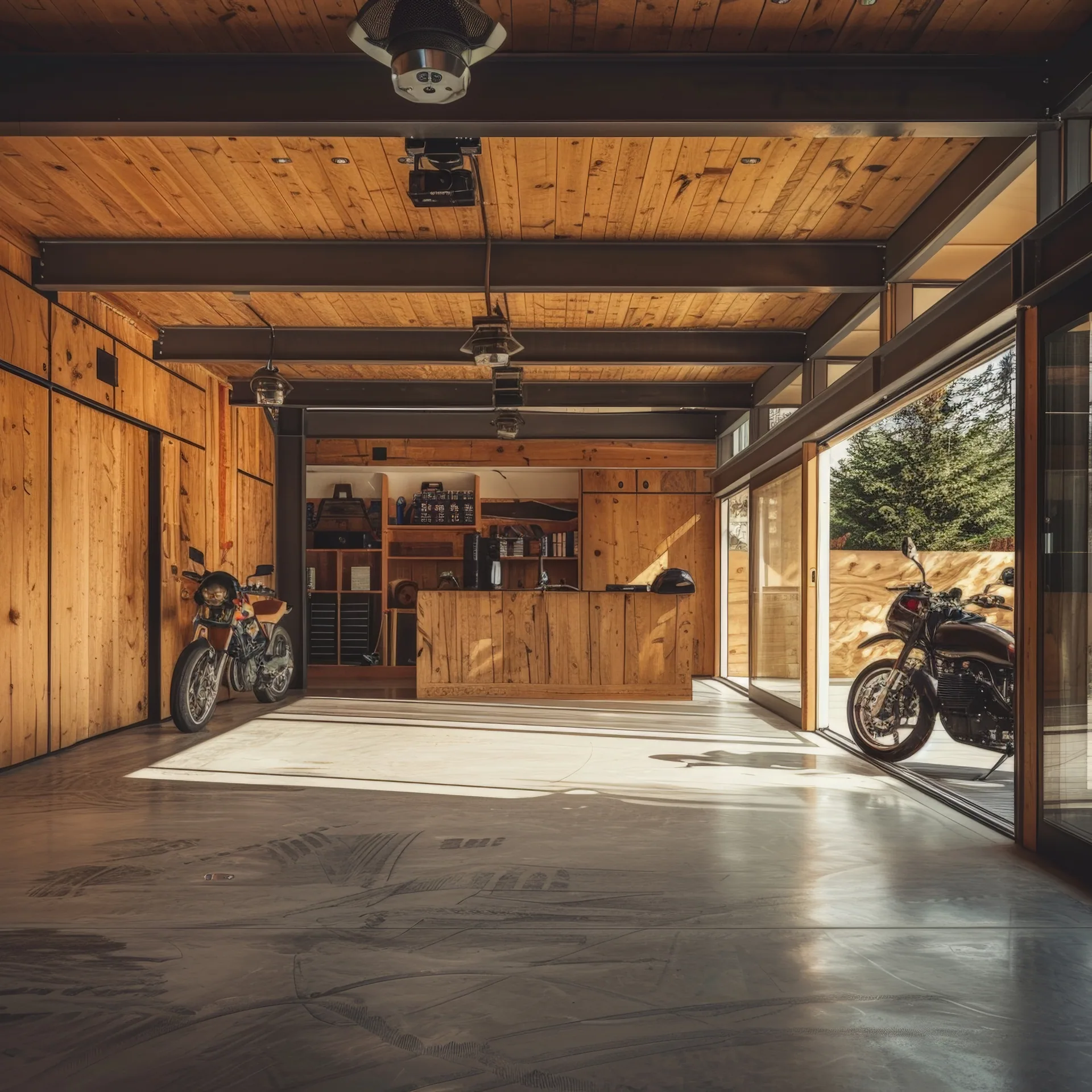 Wide view of a garage with wood plank walls and ceiling, steel beams, polished concrete floor, and two motorcycles parked
